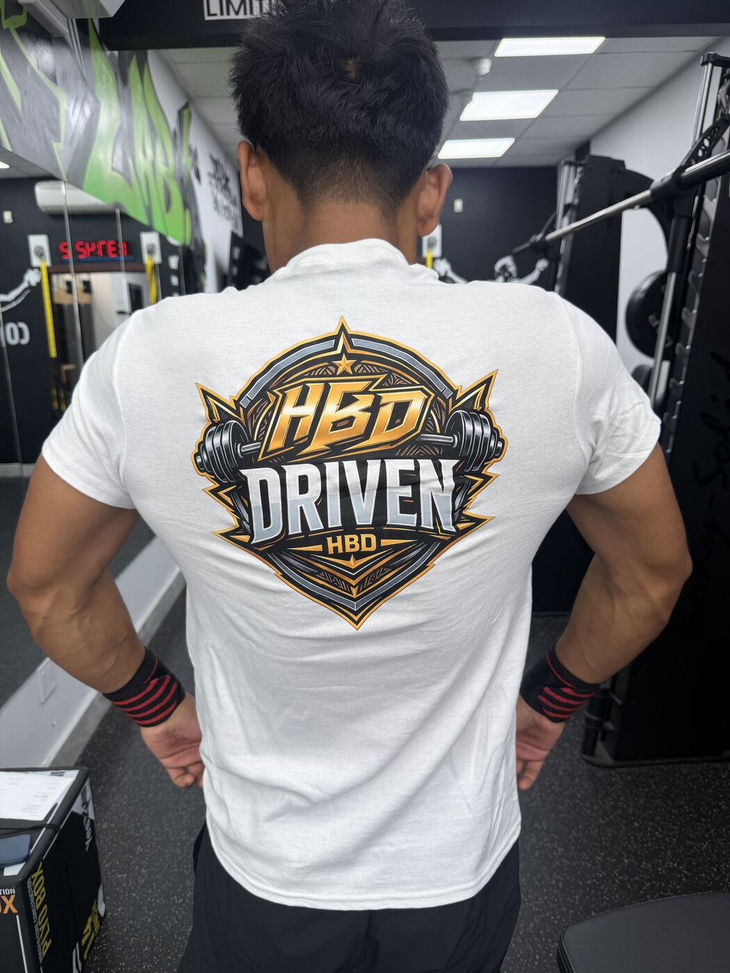 Back of the white HBD Driven t-shirt